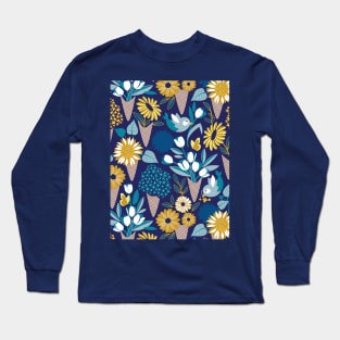 Midsummer I scream flower cones // pattern // navy blue background blue teal and yellow flowers bouquets Long Sleeve T-Shirt